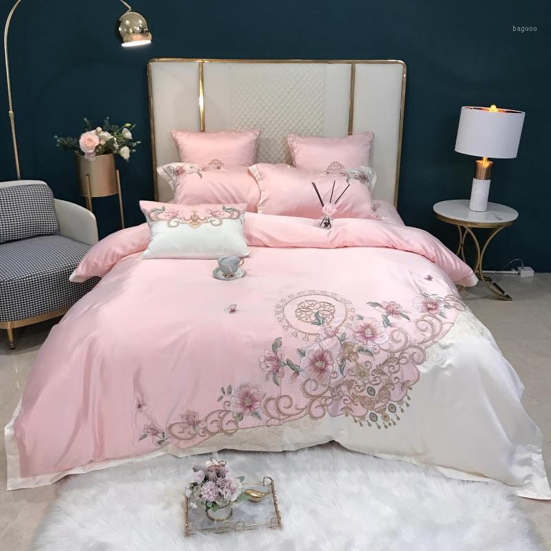 

Pink White Chic Flower Embroidery Silk Cotton Bedding Sets Duvet/Quilt Cover Fitted Bed Sheet Pillowcases Luxury Home Textile1