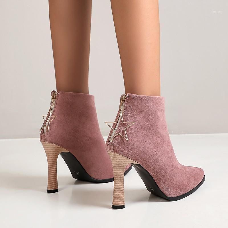 

Ankle Boots For Women Fashion High Heels 2020 Winter New Pointed Toe Suede Ladies Party Dress Booties Pink Big Plus Size 45 461, Light pink