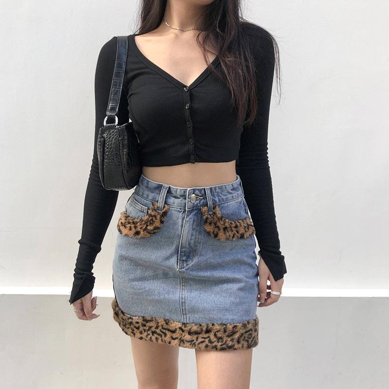 

2020 New Arrival Summer Style Female Fashion Sexy Patchwork Leopard High Waists Night Club Denim A-Line Skirts, Blue
