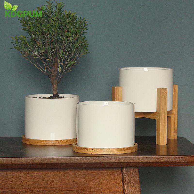 

White Ceramic Flower Pot Succulent Flowerpot With Bamboo Bottom Tray Bracket Crafts Vase Office Garden Home Decoration Ornament