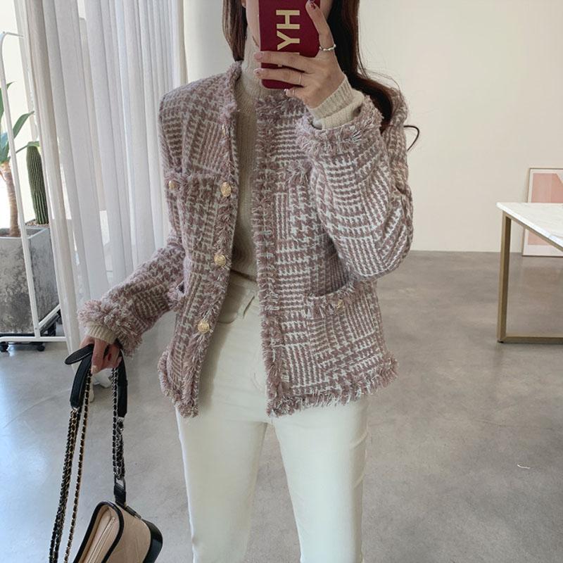 

Korea style tweed pink khaki houndtooth women jaket tassel button pocket chic elegant