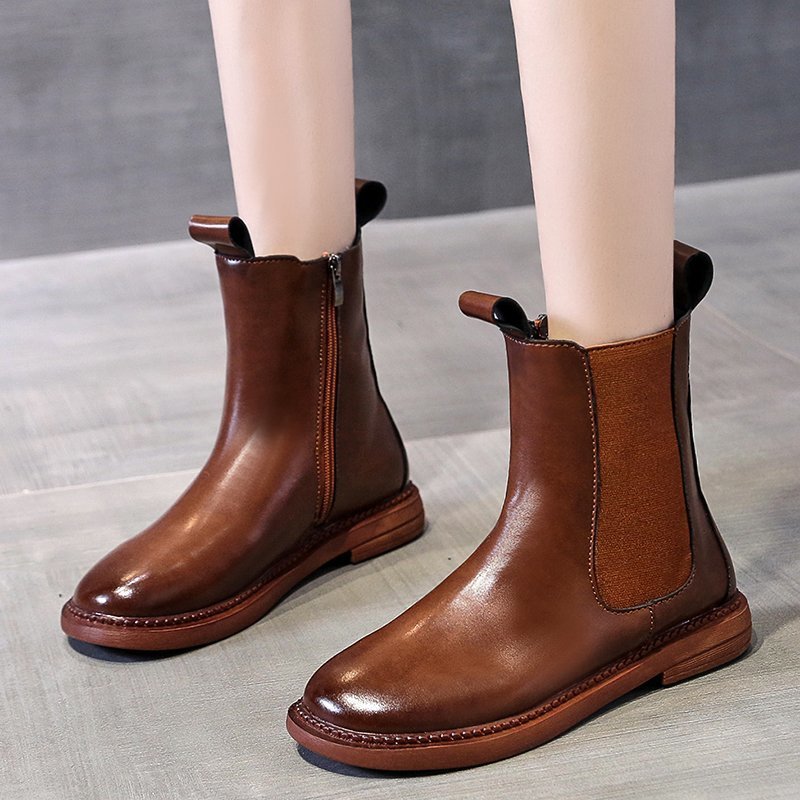 

Top 2020 new vintage ankle for the women casual elastic zipper Heel shoes woman proof dwaterproof water plutonium leather boots, Caramel