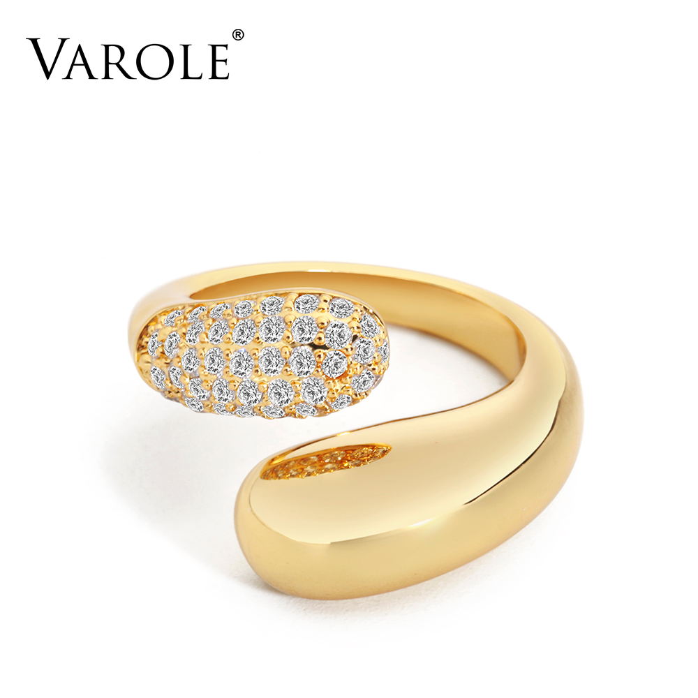 

VAROLE Smooth Surface Ring with Crystal Punk Finger Rings For Women Gold Color Accessories Fashion Jewelry