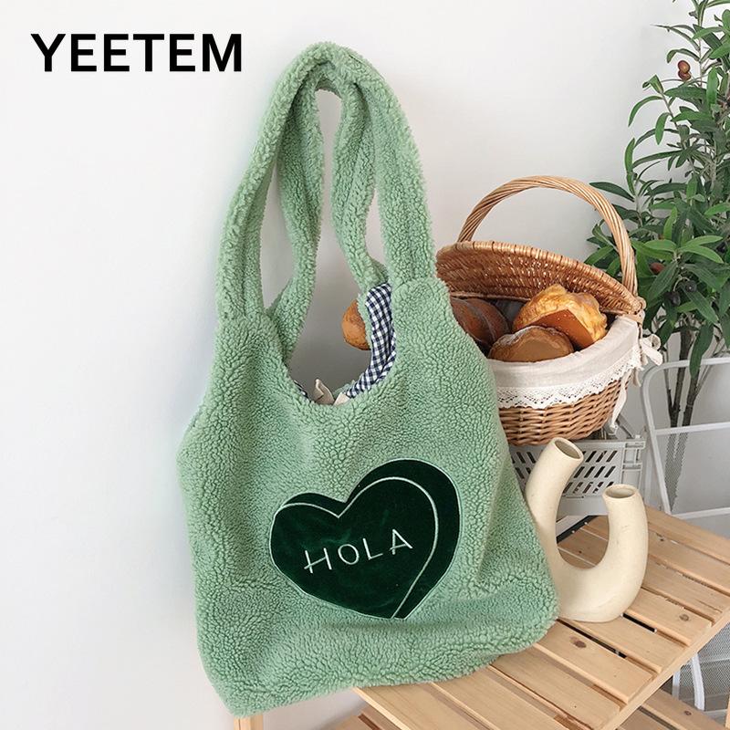 

HOLA Plush Shoulder Bag Women Letter Embroidery Tote Bag Winter Fashion Women Shopper Lamb-like Bags Womens Bolsas Mujer, White