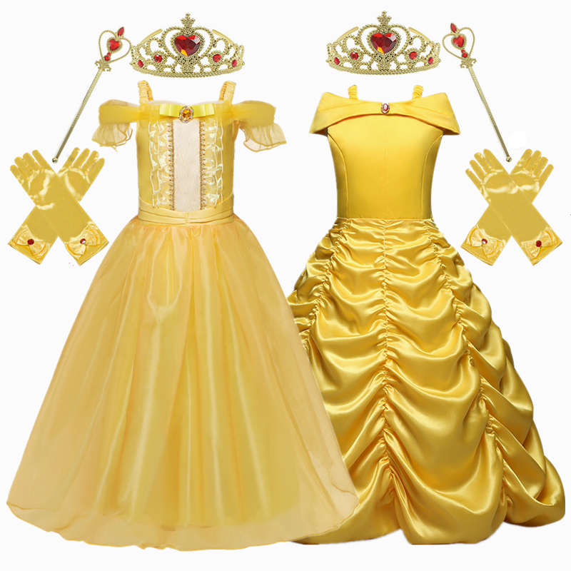 

Golden Princess Dress Cosplay Girls Dress Crown Magic Stick Party Kids Dress For Girls Clothing Birthday Ball Gown 201202, Red;yellow