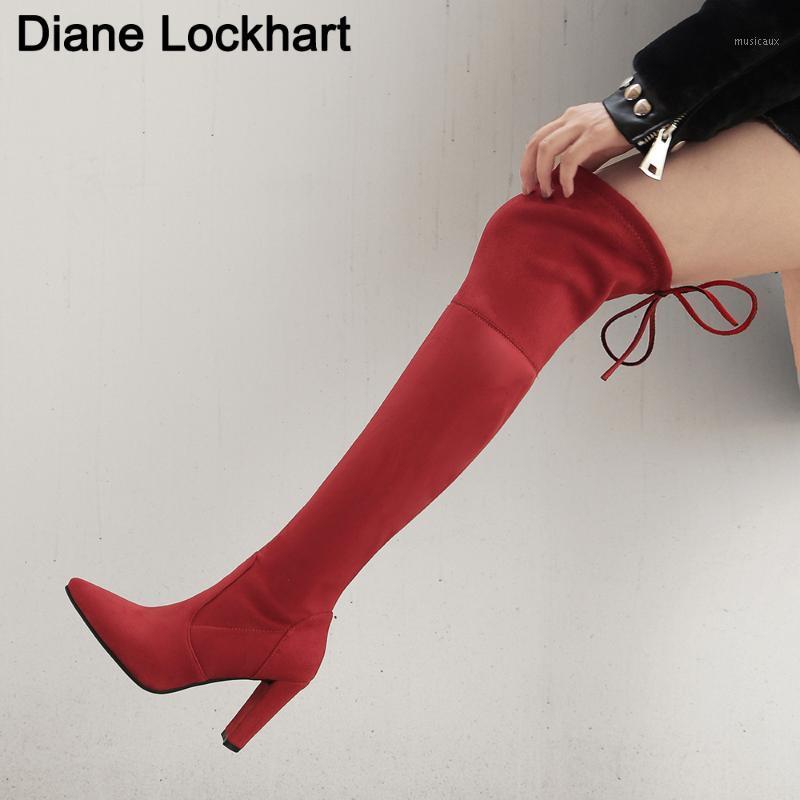 

2020 Women Over The Knee High Boots Slip on Winter Shoes Thin High Heel Pointed Toe All Match Women Boot Long Thigh Sock botas1, Wine red