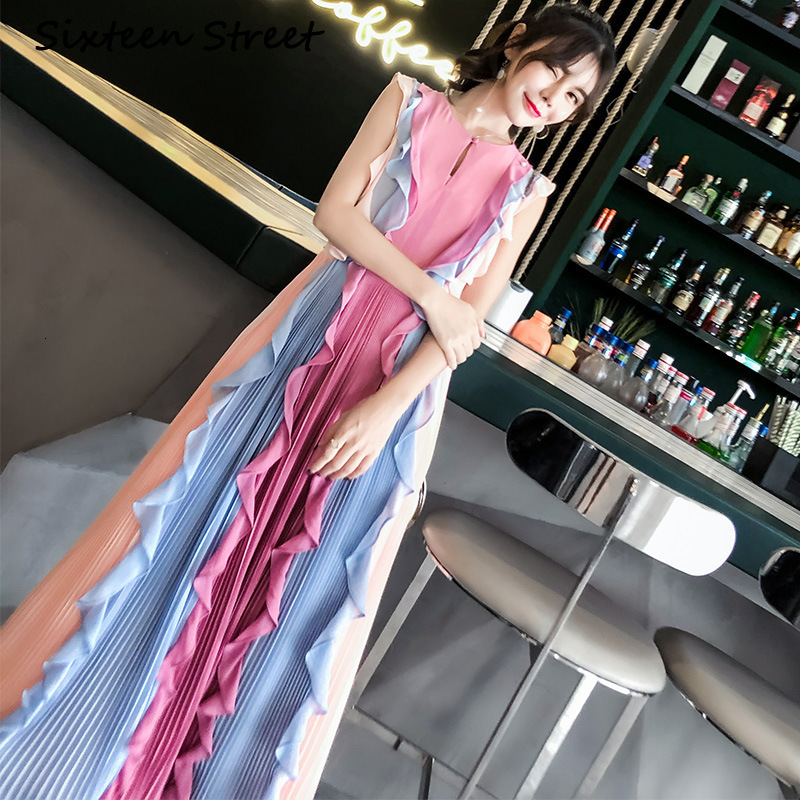 

2021 Long of Elegant Woman Chiffon Shredded Robes Bohemian Beach Plied Neck Sleeveless Summer Dress Ps7d, Blue