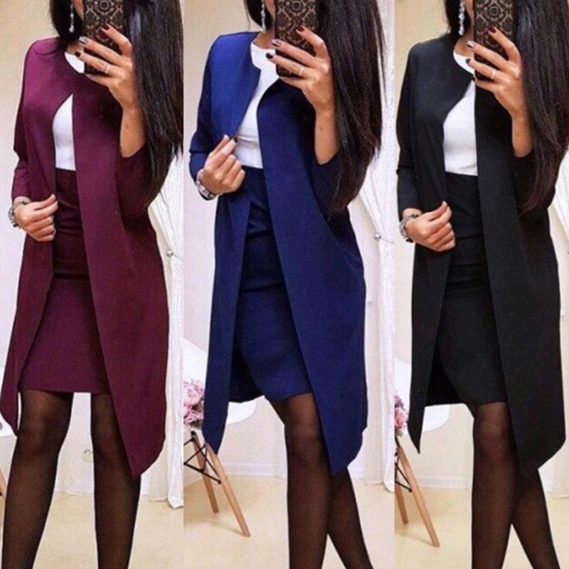 

2Pcs Office Lady Autumn Solid Color Long Blazer Jacket Bodycon Mini Skirt Suit, Red