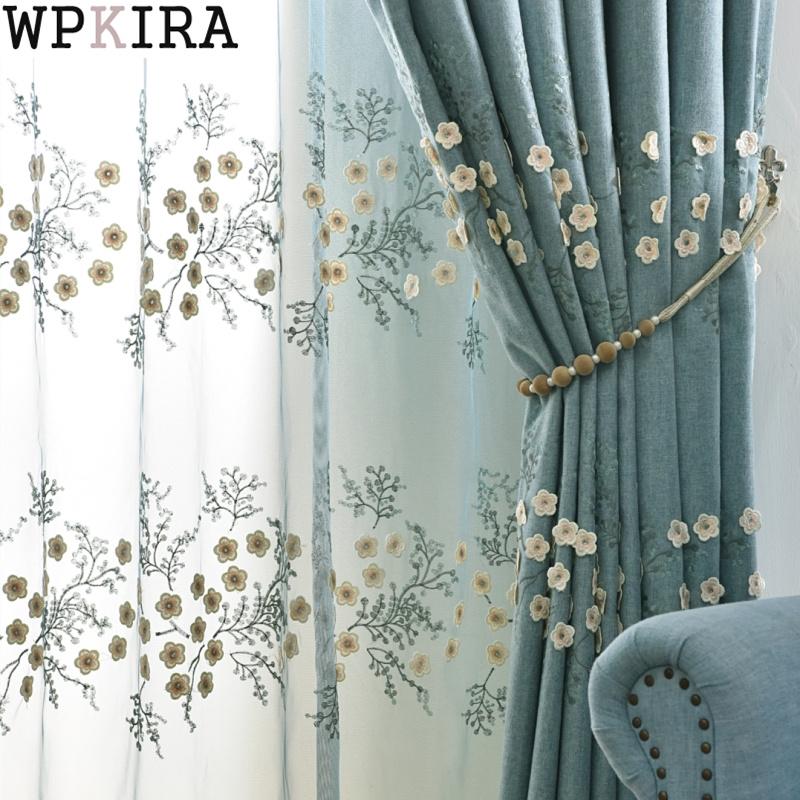 

Pastoral 3D Embossed Embroidered Curtain for Living Room Blackout Floral Voile Curtain Bedroom Shade Window Tulle Drape S593#40, Floral blue tulle
