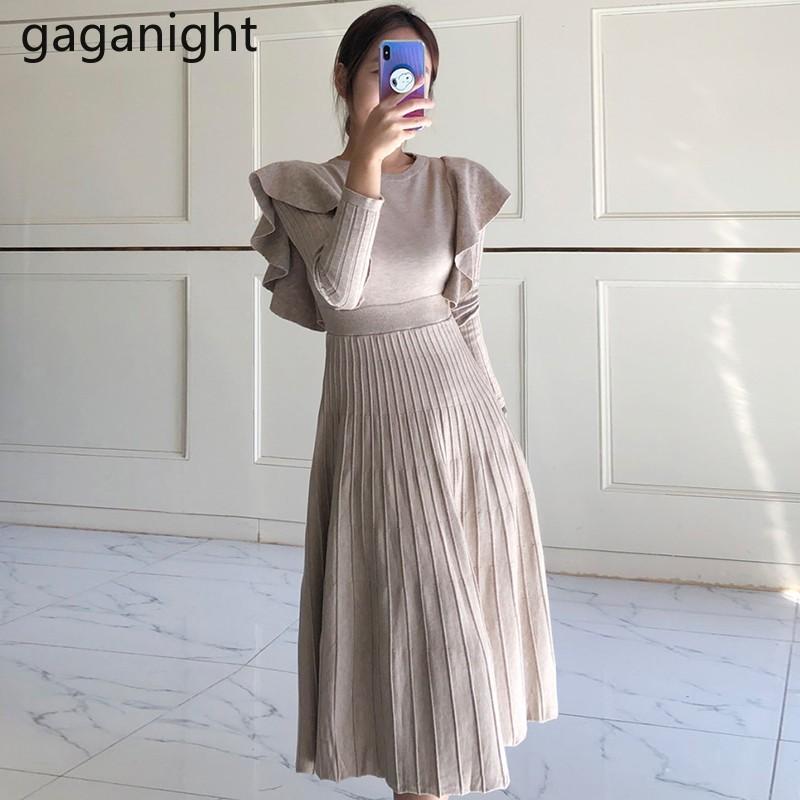 

Gaganight Knitted Women Ruffles Party Maxi Dress Autumn Winter Office Lady Slim Solid A Line Pleated Dresses Female Chic Vestido, Black