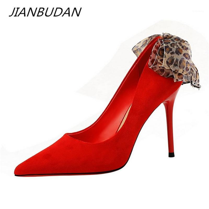 

JIANBUDAN Brand design Elegant Women's Autumn High Heels Ribbon Decoration Sexy Wedding shoes Pointed Toe lady office shoes1, Red
