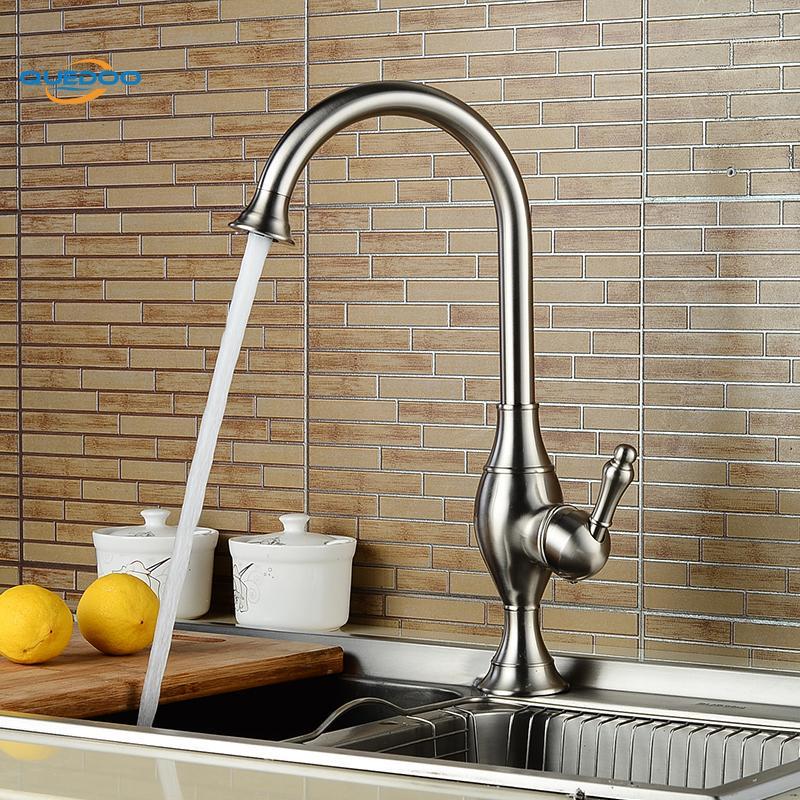 

One Hole Vintage Kitchen Faucet Bathroom Brushed Nickel Finished Brass Sink Swivel Spout Taps1