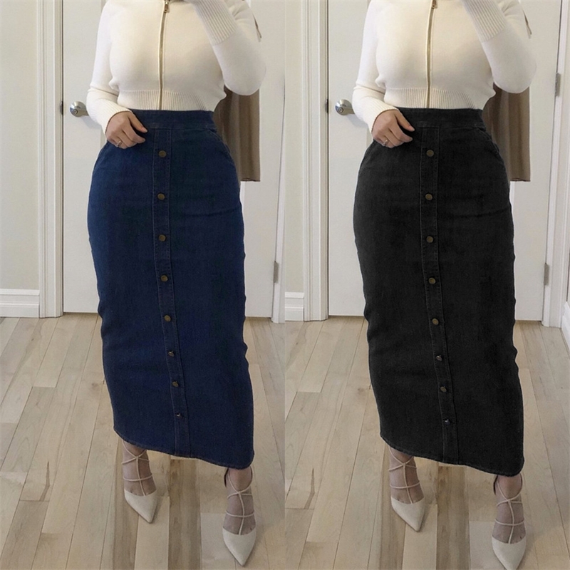 

Faldas Mujer Moda High Waist Button Long Denim Skirt Women Jeans Pencil Bodycon Maxi Skirts Jupe Longue Femme Spodnica Y200326, Black