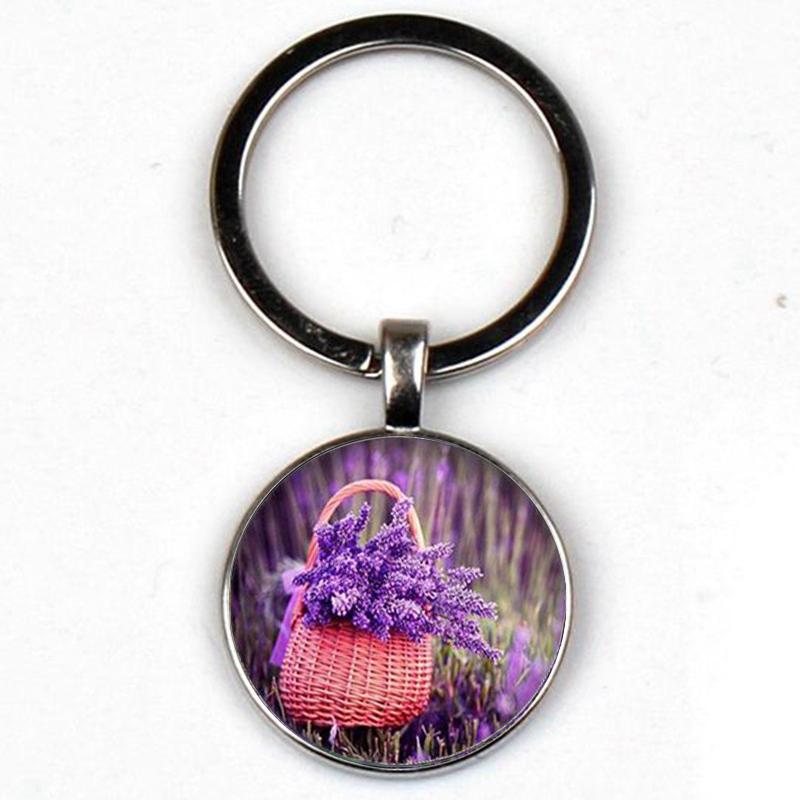 

New Glamour French Purple Lavender Keychain Flower Round Glass Pendant Convex Dome Jewelry Travel Souvenir Gift Keyring Hoilday