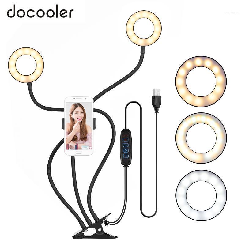 

docooler Clip-On Mini USB Ring Light Fill-in Lamp Dual Lights 3 Lighting Modes Dimmable Flexible Arms Design with Phone Holder1