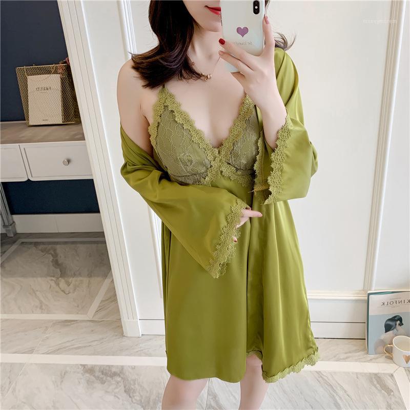 

Summer Women Robe Sets 2 Pieces Sets Summer Sleepwear Lace Female Sexy Ladies Nightwear Thin Silk Homewear Casual Nightgowns1, Pink