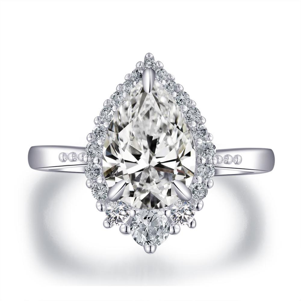 COLORFISH 2ct Pear Shaped Cubic Zirconia Engagement Rings Solid 925 Sterling Silver Womens Halo Ring Y1128