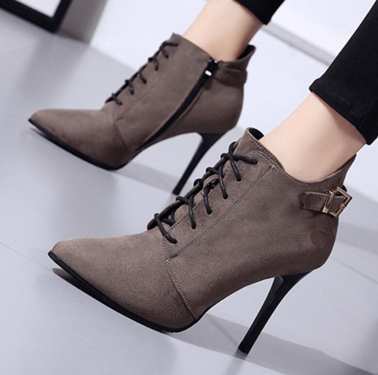 

Shoes women high heels ankle boots autumn winter lace up pointed toe punk boots sexy cross strappy stiletto ladies pumps, Black