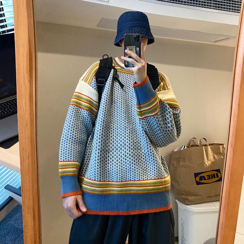 

2020 Winter Men's Retro Plaid Cashmere Knitting Long Sleeve Wool Sweater Round Neck Loose Pullover Hip Hop Clothes Coats -2XL, Green