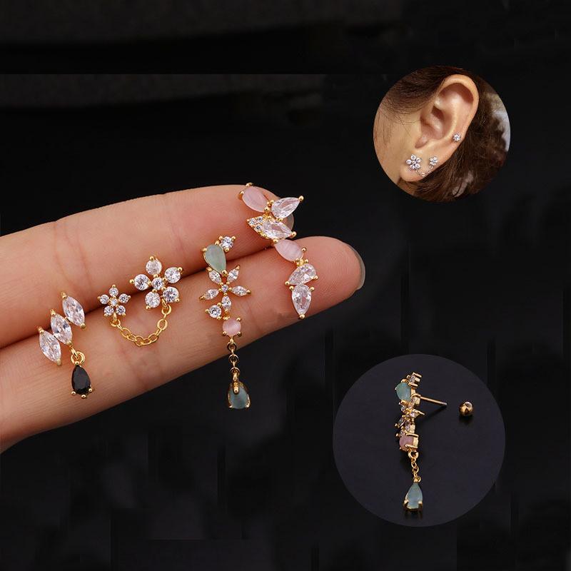 

Stud 1Pc Stainless Steel CZ Cartilage Earring Flower Pendant Screw Back Tragus Rook Conch Ear Piercing Jewelry Gifts