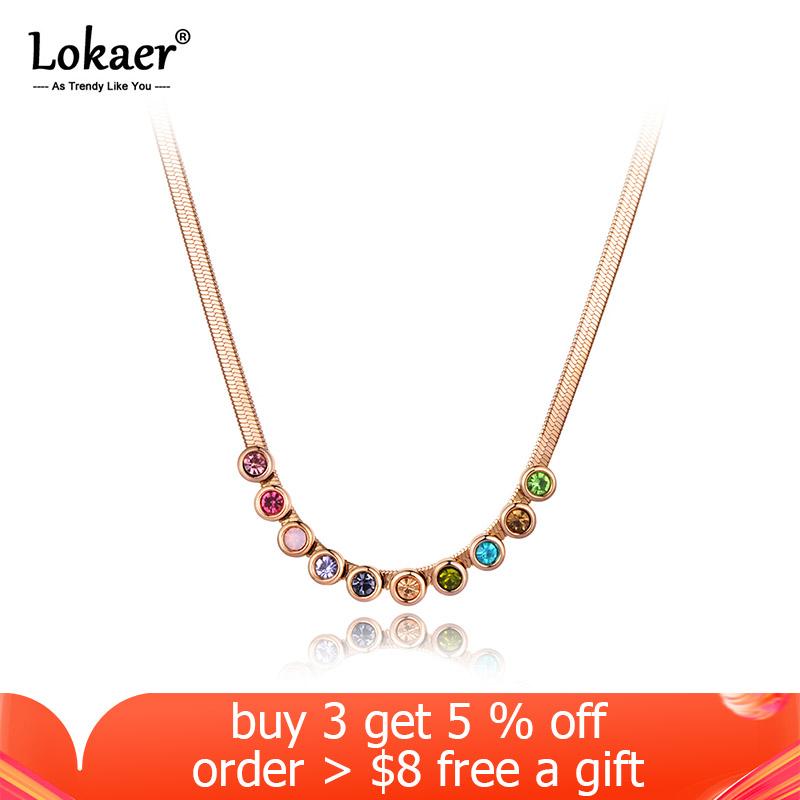 

Lokaer Fashion Bohemia Stainless Steel Colorful CZ Crystal Choker Necklace Beach Jewelry Pendant Chain Necklace For Women N20202