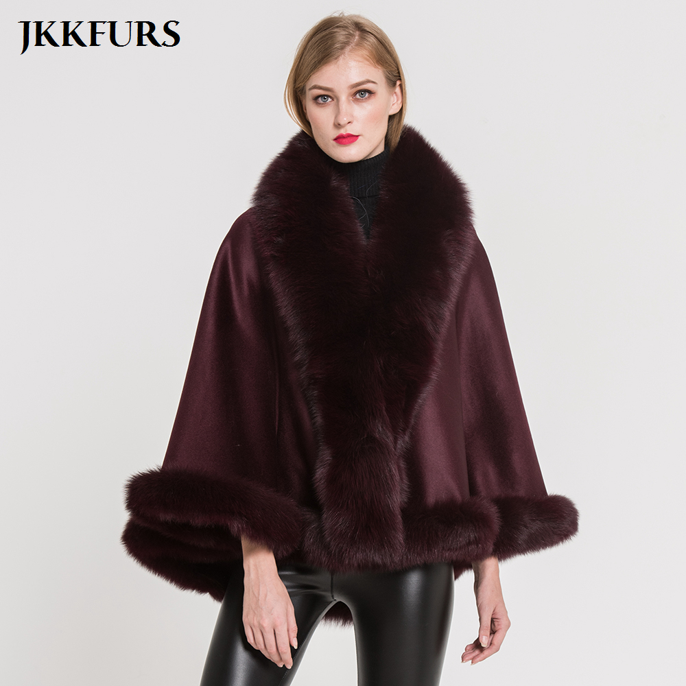 

JKKFURS Women's Poncho Genuine Fox Fur Collar Trim & Cashmere Cape Wool Fashion Style Autumn Winter Warm Coat S7358 201208, Grey