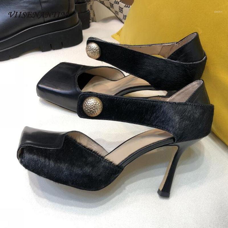 

2020 Womens Party Shoes Gold Metal Buckle Single Shoe Horsehair Leather Hollow Out Runway Shoes Squared Toe Retro Fashion Sapato1, Black