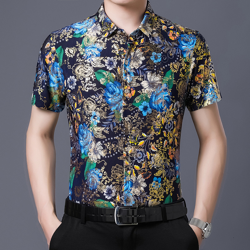 

2021 New Fashion Style 80% Men's Silk Shirts Short Sleeve Both Sides Print Chinese Nation Flower Beach Summer Clothes 6THA, 211 white
