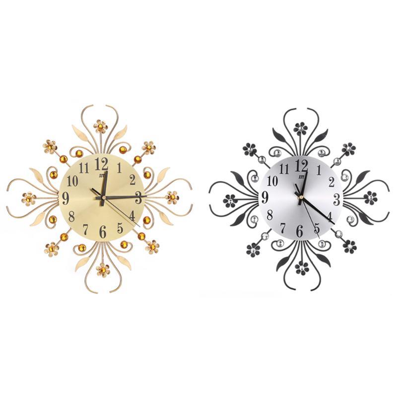 

2021 Vintage Metal Art Wall Clock Luxury Diamond Large Wall Cocks Needles Watch Morden Flower Design Home Decor Accessories