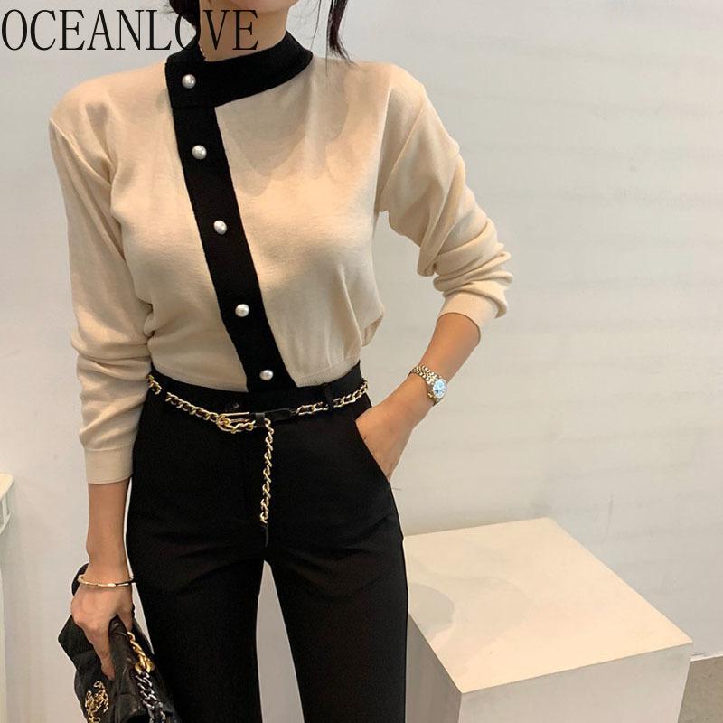 

OCEANLOVE Elegant Cardigans Mujer Korean Office Lady Autumn Woman Sweaters Single Breasted Striped Vintage Mujer Chaqueta 19229, Black