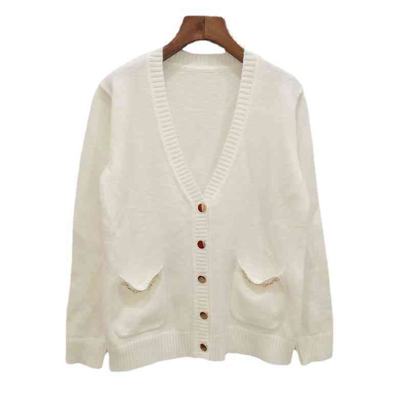 

Woolen overcoats autumn winter new V-neck cardigan loose and versatile pocket chain long sleeve knitted sweater coat, White