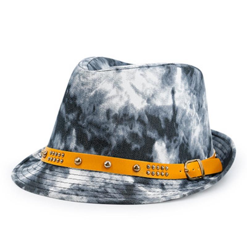 

Washed cowboy hat cotton graffiti tie-dye fedora hat belt buckle summer top men women British jazz hip-hop beach, Blue