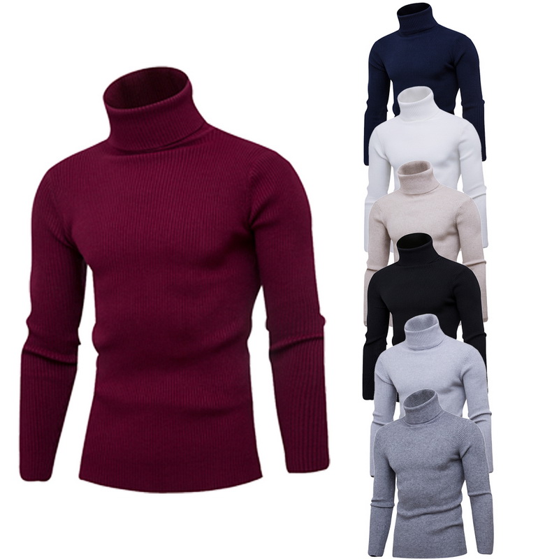 

2020 Winter Spring Warm Turtleneck Sweater Men Fashion Solid Knitted Sweaters Casual Male Double Collar Slim Pullover, White 1