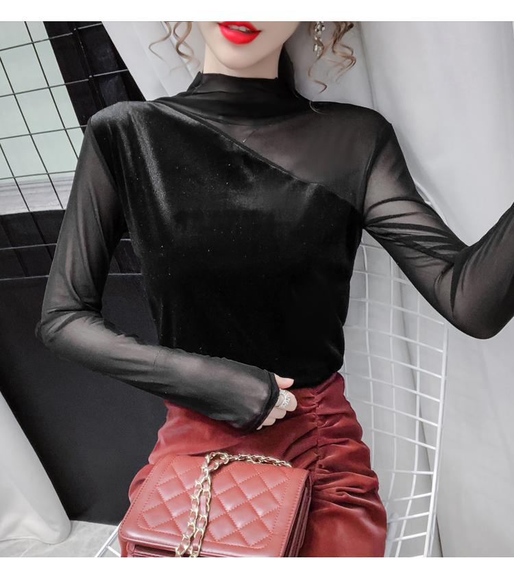 

Gold velvet bottom shirt women' 2020 autumn winter fashion hot sale new sexy see-through mesh stitch long-sleeved t-shirt top, Black