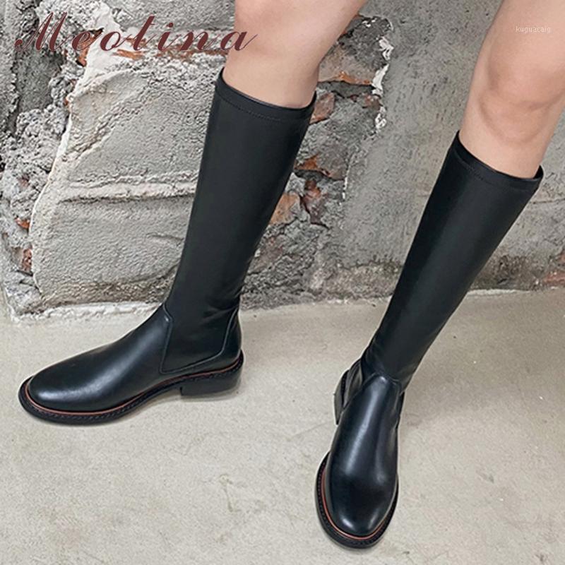 

Meotina Women Knee-High Boots Shoes Natural Genuine Leather Flats Long Boots Ladies Autumn Fashion Riding Winter Black 401, Black synthetic lin