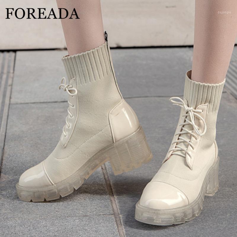 

FOREADA High Heel Woman Boots Platform Block Heel Mid Calf Boots Lace Up Round Toe Ladies Shoes Autumn Winter Black Beige 33-441, Beige synthetic lin