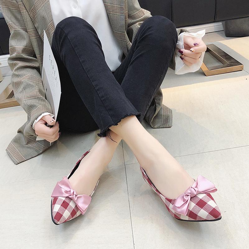 

Plaid High Heels Pumps Fabric Women Dress Shoes Bowtie Single Shoes Pointed Toe Thin Heeled Ladies zapatos mujer 7128G, Red