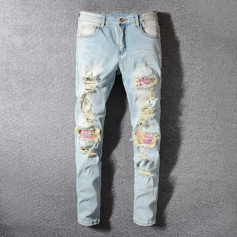 

2021 New Italian Style Fashions Skinny Strain Pants New Designer Classic Men Light Hole Blue Jeans Ajhc