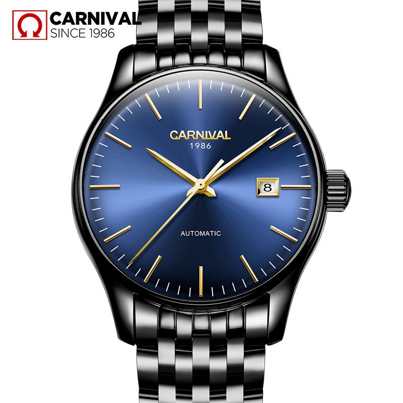 

Wristwatches Carnival Relogio Waterproof Automatic Watch Men Business Mens Mechanical Watches Stainless Steel Calendar Wristwatch Male Clock, Black blue steel