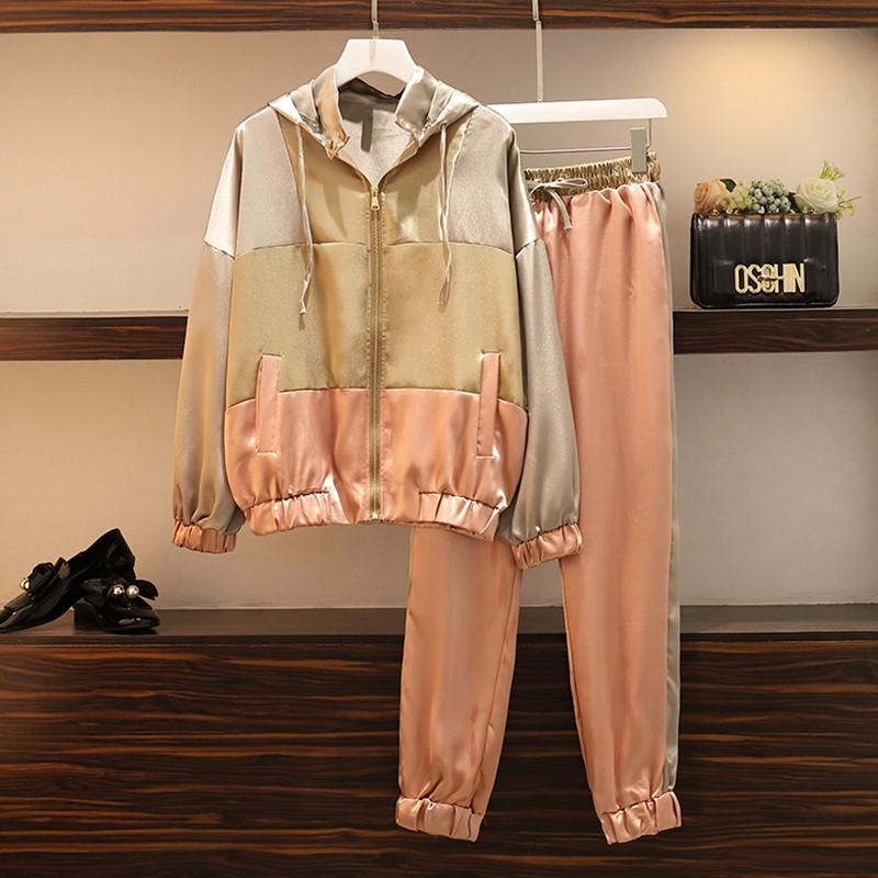 

Ladies Leisure Sports Suit 2-piece Loose Zip-up Hooded Women's Coat + Elastic trousers Thin 2020 Spring Autumn New FashionSets, Photo color