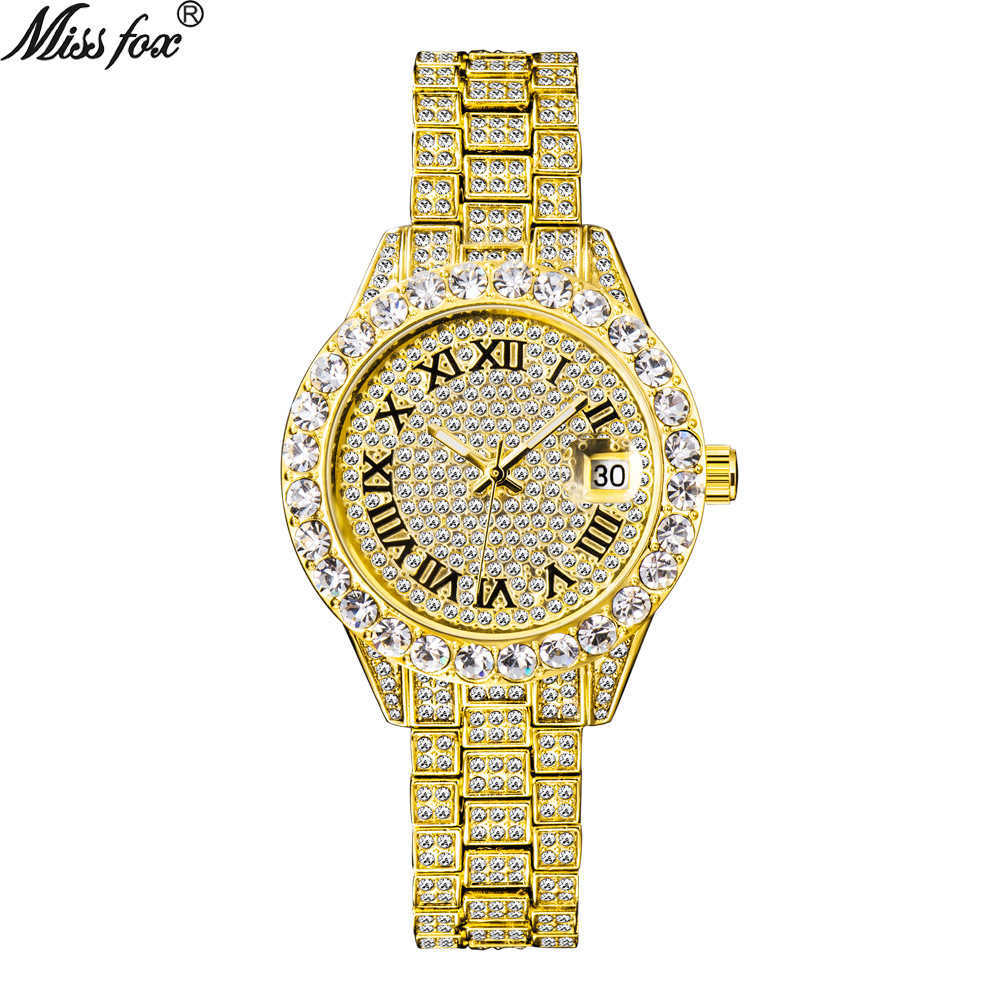 

Missfox watch women's fashion diamond inlaid waterproof calendar full diamond face luminous women's Quartz Watch, Silver