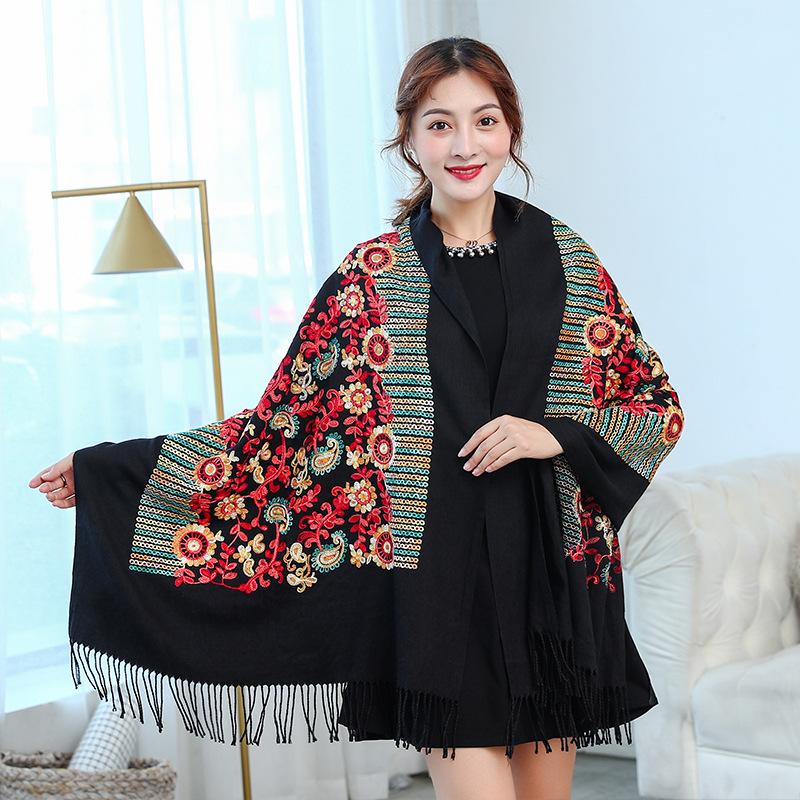 

2020 new autumn and winter scarf fringed embroidery scarf ladies imitation cashmere embroidered pure color shawl cloak wholesale