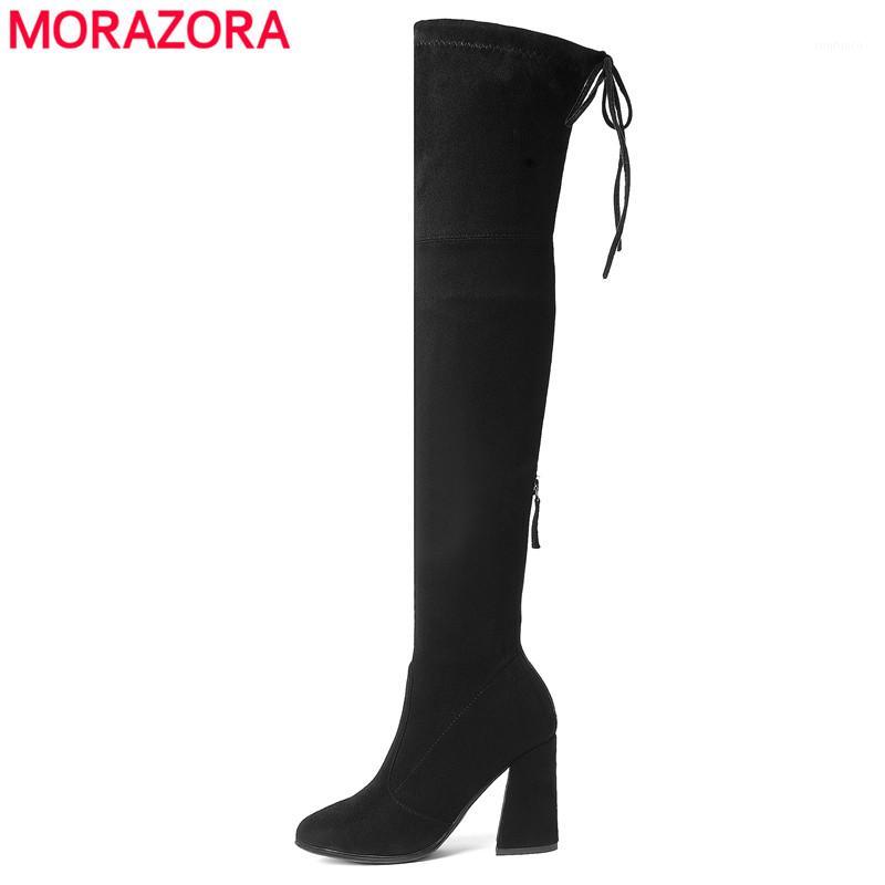 

MORAZORA 2020 New Top quality Long boots women flock leather thigh high boots high heels lace up autumn winter over knee1, Dark gray