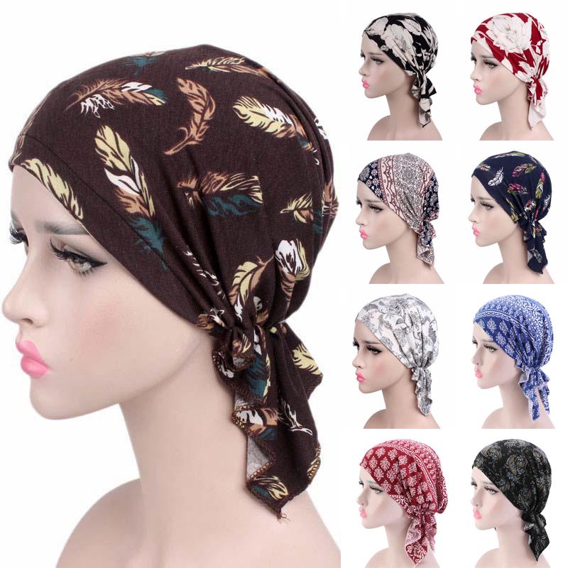 

2021 New Fashion Women Floral Feather Printed Turban Hat Soft Elastic Muslim Headwrap Head Scarf Cotton Hijab Chemo Caps