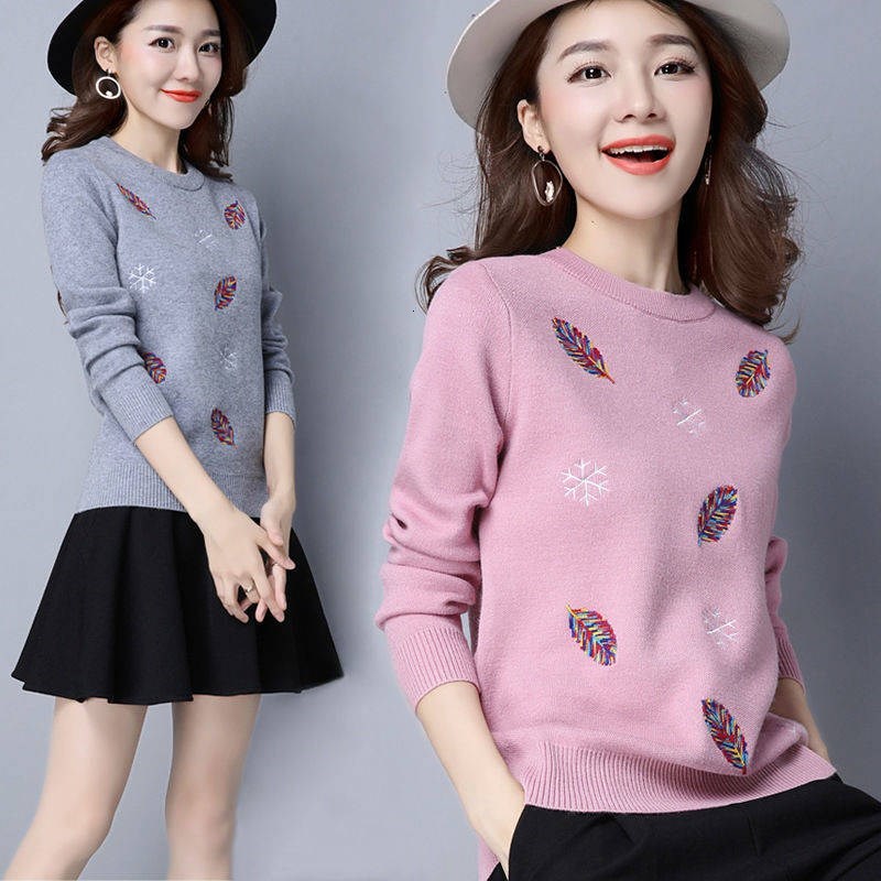 

2021 New Chic Embroidery Feather Snowflake Women Autumn Winter Warm Jumper Pull Femme Hiver Female Cotton Pullover Sweater Nocm, Black
