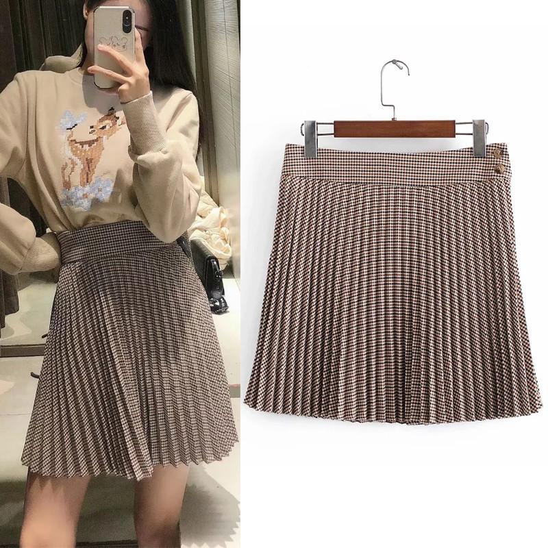 

New 2021 Plaid Pleated Womens Mini High Waist Skirt Ladies Harajuku Side Buttons Casual Vintage Winter Woman Skirts Rpy9