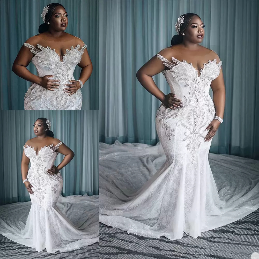 

New Year's Wedding Dress Plus Size Vestido De Novia African Crystal Mermaid Bride Dresses with Long Train Sheer Neck Custom Made Bridal Gowns, White
