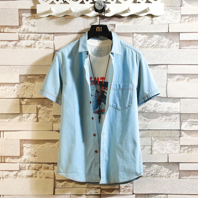 

2021 Mens Blue Denim New Summer Thin Short Sleeve Jean Good Quality Men Cotton Casual Cowboy Shirts Tuza, Sky blue