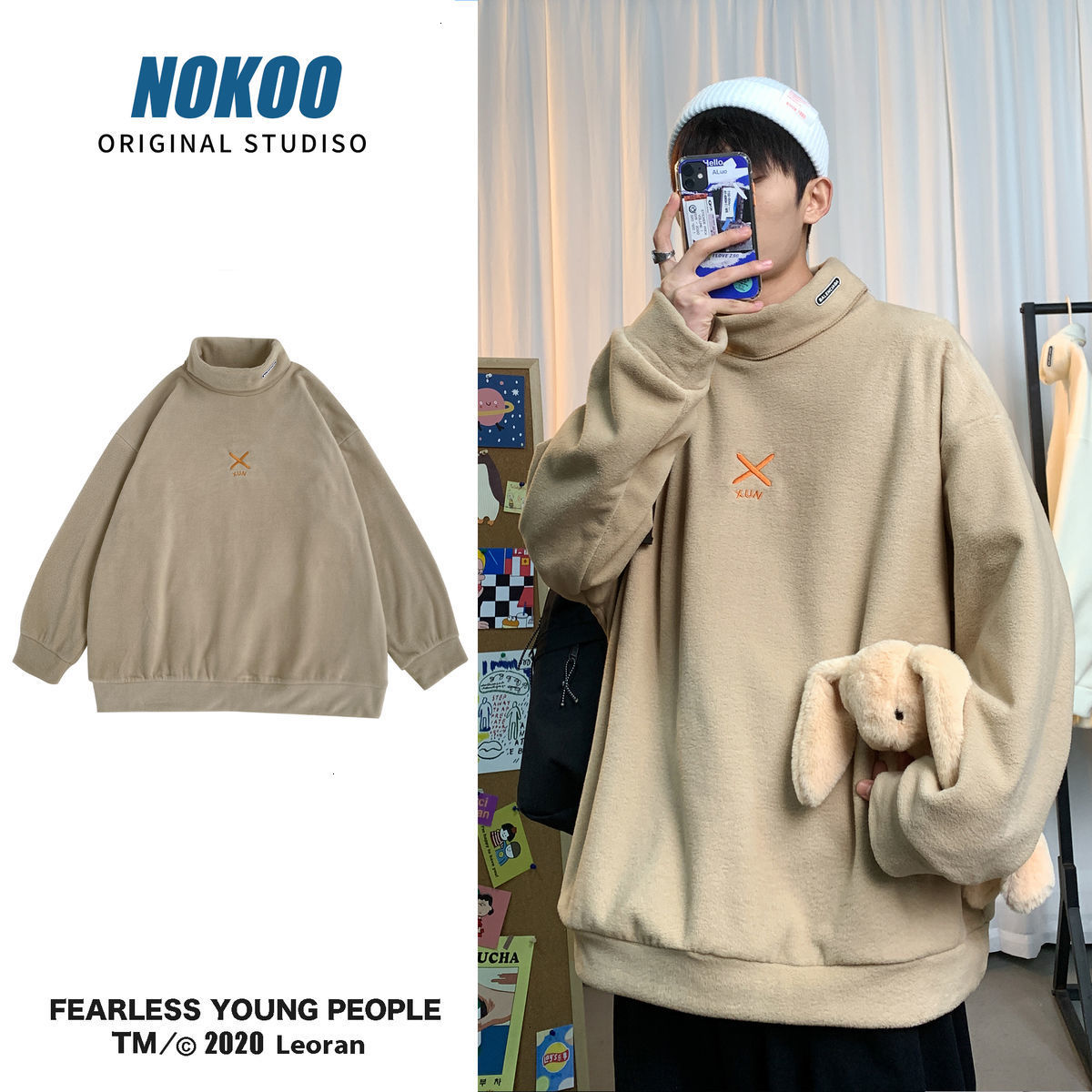 

2021 New Men's Casual Oversize Embroidered Turtleneck Hoodies Woman Long Sleeve Korean Streetwear Sweatshirts Male Clothing Daiu, Orange