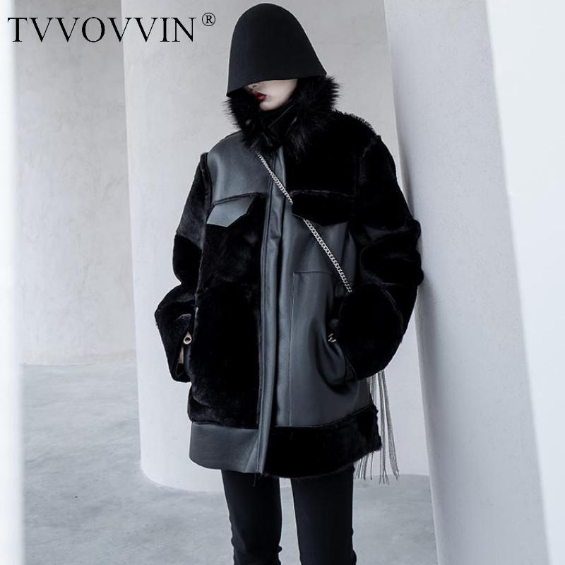 

TVVOVVIN Coat Winter Fur Leather Motorcycle Jacket Fashion Women' Leather Jacket Loose Long Faux Fur Coat Black Overcoat 94B1